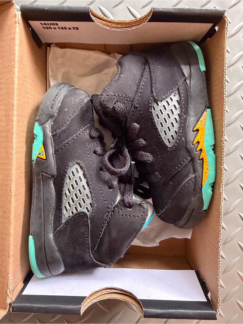 Jordan 5 Retro (td) size 6c Kids Black Sneakers with Teal and Yellow Accents